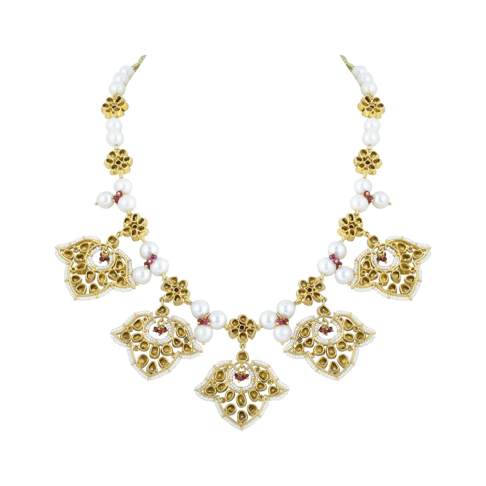 Polki Necklace with Red Floral Motifs & Pearls